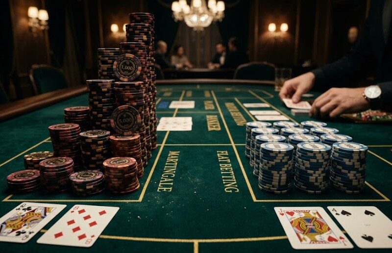 Bandingkan sistem Martingale dan Flat Betting dalam taruhan Baccarat.