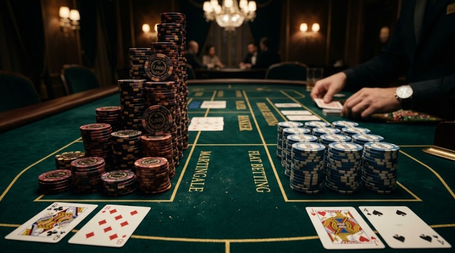 Bandingkan sistem Martingale dan Flat Betting dalam taruhan Baccarat.